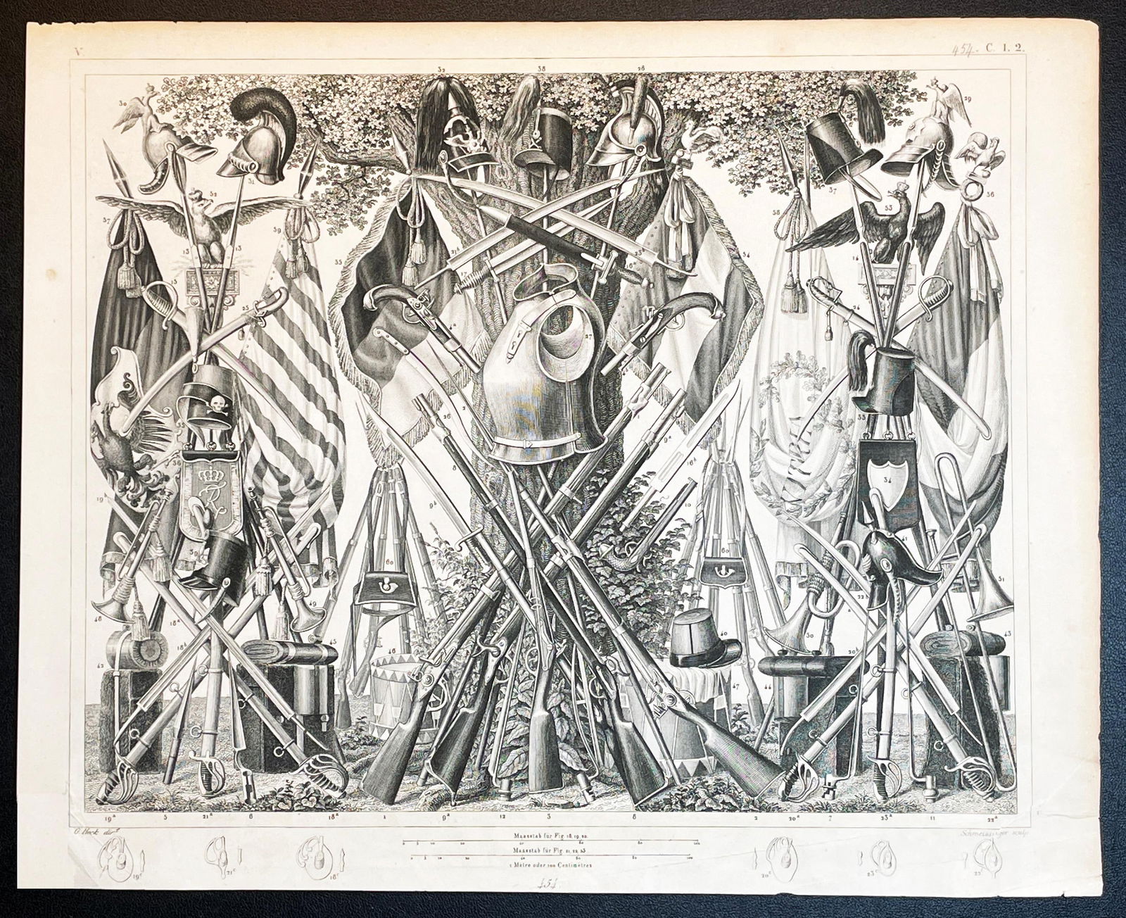 Johann Georg Heck 19th c. Military Iconographic Engraving: Rare 19th Century Iconographic Military Engraving "Illustrating the various kinds of arms of modern times" from the Iconographic Encyclopedia Of Science Literature And Art by J. G. Heck (1795-1857), V