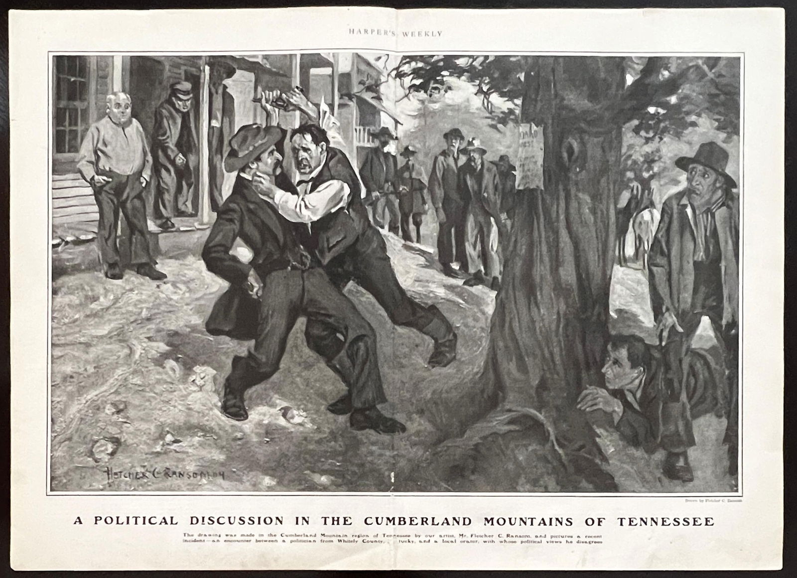 Antique Harper's Wood Engraving of Tennessee Politics: A POLITICAL DISCUSSION IN THE CUMBERLAND: Important Antique Harper's Wood Engraving A POLITICAL DISCUSSION IN THE CUMBERLAND MOUNTAINS OF TENNESSEE, published in "Harper's Weekly" August 1904. Approx. Size: 12" H x 17" W. The 1904 United Stat