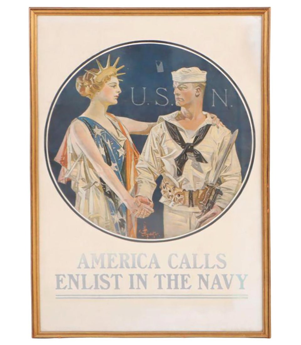 Rare Antique WWI Recruitment Poster AMERICA CALLS - ENLIST IN THE NAVY (1 of 1)