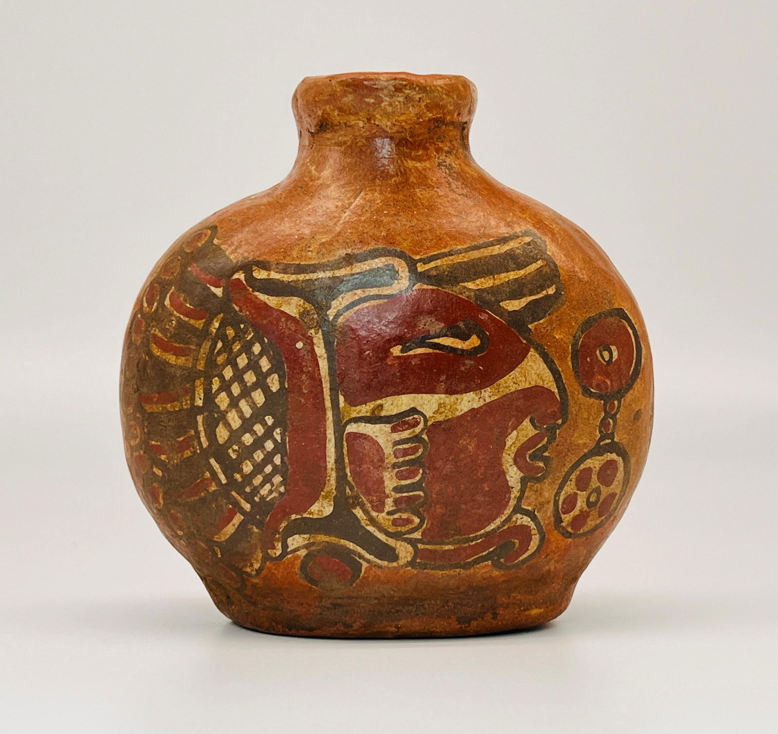 Pre-Columbian Mayan Copador Polychrome Flask (Poison Bottle) (Style): Pre-Columbian Mayan Copador Polychrome Flask / Bottle (Potion Flask / Poison Bottle), Possible Reproduction | Terracotta flask with everted rim painted in the ceramic style of Classic Cop?n Polychrome