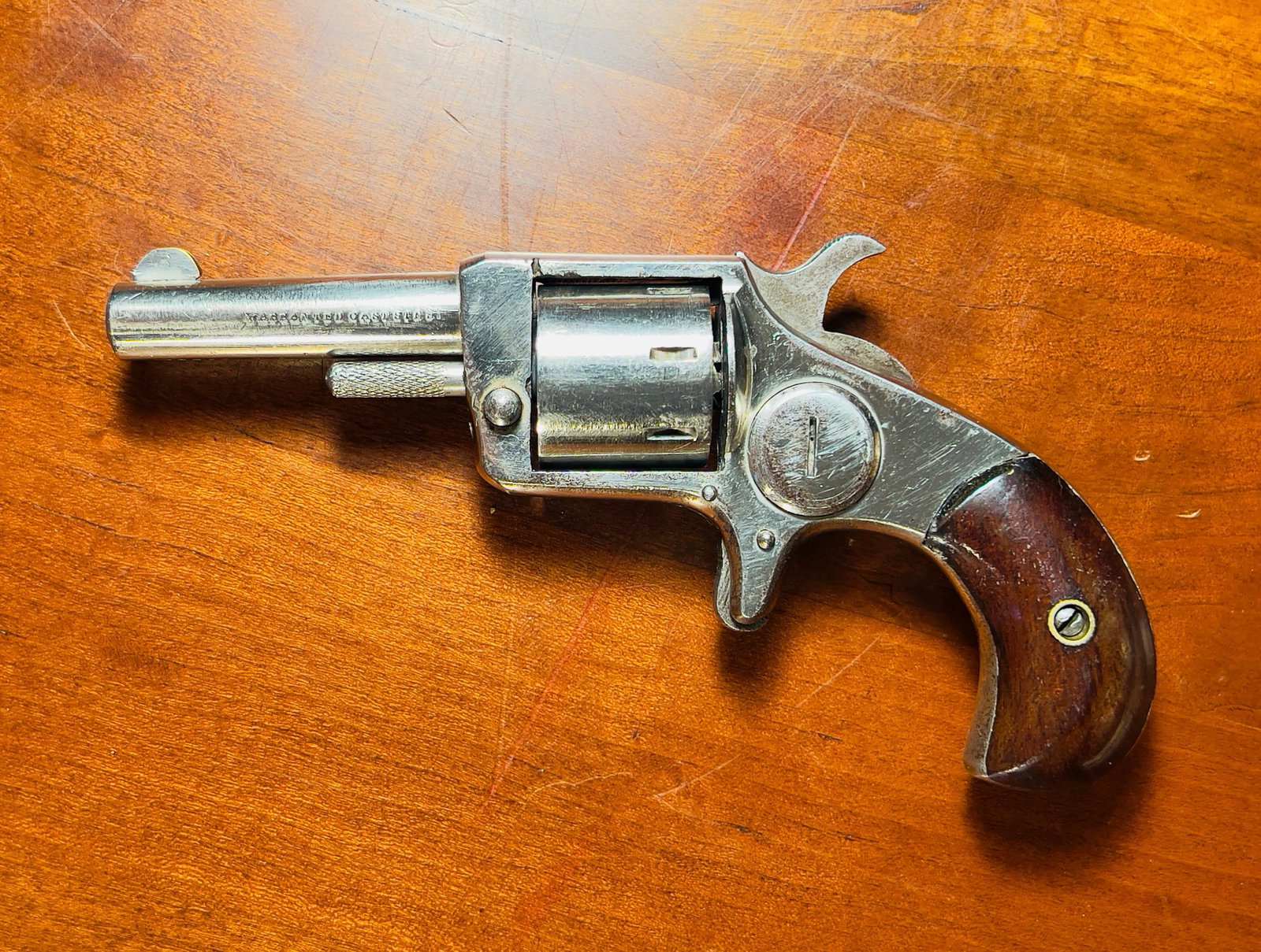 Rare Antique Hartford Arms Co. 22 Cal. 7 Shot Revolver: Rare Antique Hartford Arms Co. 22 Cal. 7 Shot Revolver, c. 1878. Spur trigger, barrel approx. 2.25" long, nickel plated finish, cylinder holds 7 rounds, overall length approx. 5.5" long. Inscriptions: