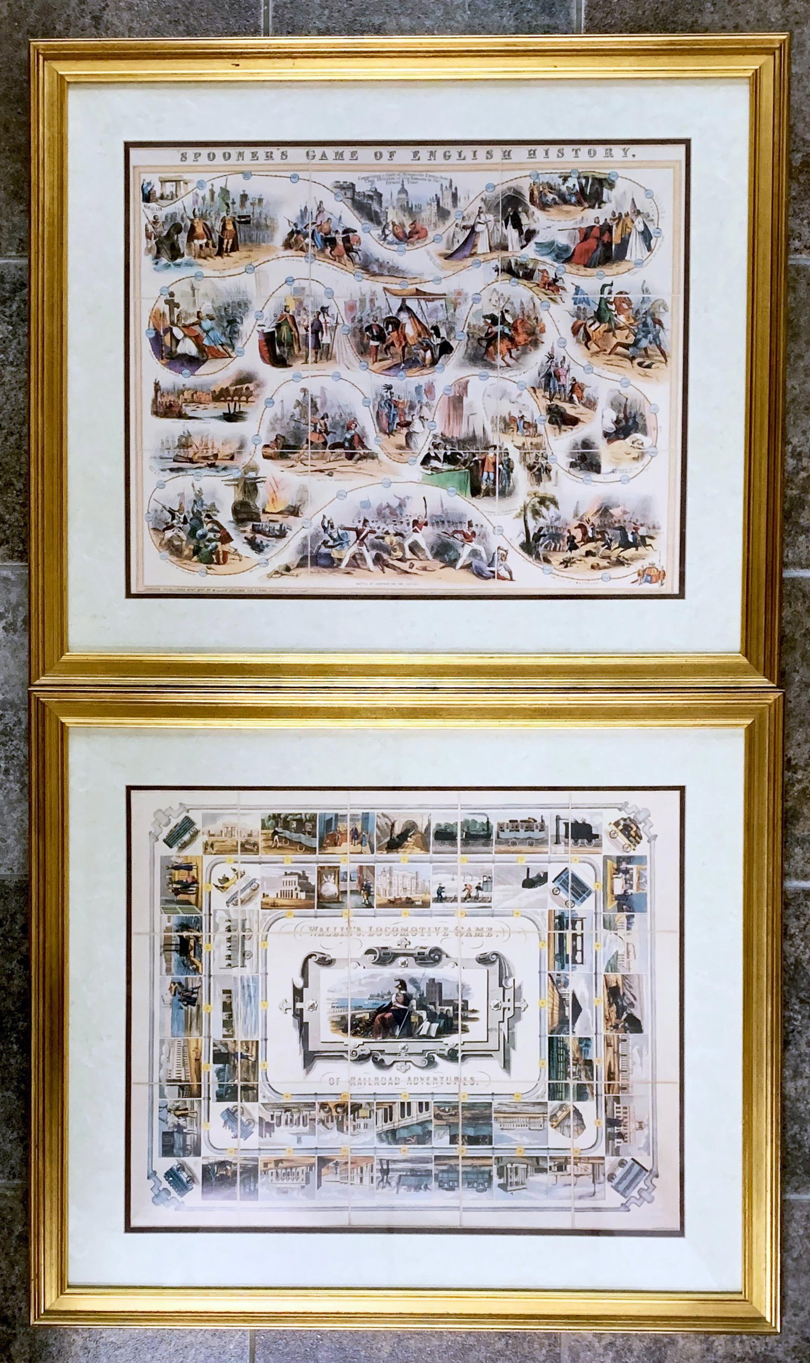 Pair of Board Game Engravings after SPOONER'S GAME OF ENGLISH HISTORY: Description: Pair of Board Game Lithographic Engravings: 1) Spooner's Game of English History, and 2) Wallis's Locomotive Game of Railroad Adventures. The prints are reproductions from the 19th Centur
