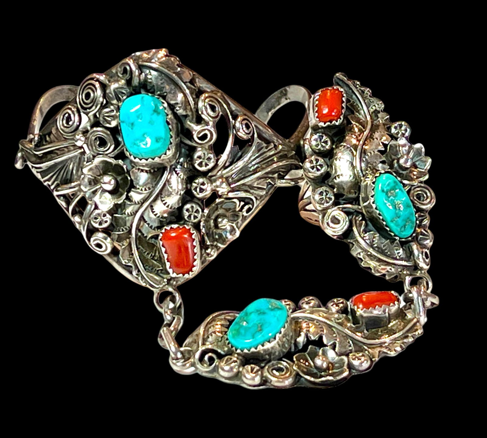 Vintage Navajo Signed Sterling Silver Coral & Turquoise Leaf Cuff Bracelet / Ring (1 of 6)