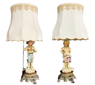 Pair Of Signed German Biscuit Porcelain Figural Lamps