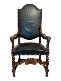 Antique Spanish Ram's Head Mahogany Leather Throne Chair