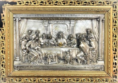 Antique Signed Silver Bas Relief Sculpture of the Last Supper