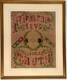 Rare Antique 19th c. Odd Fellows Hand-Stitched Needlepoint