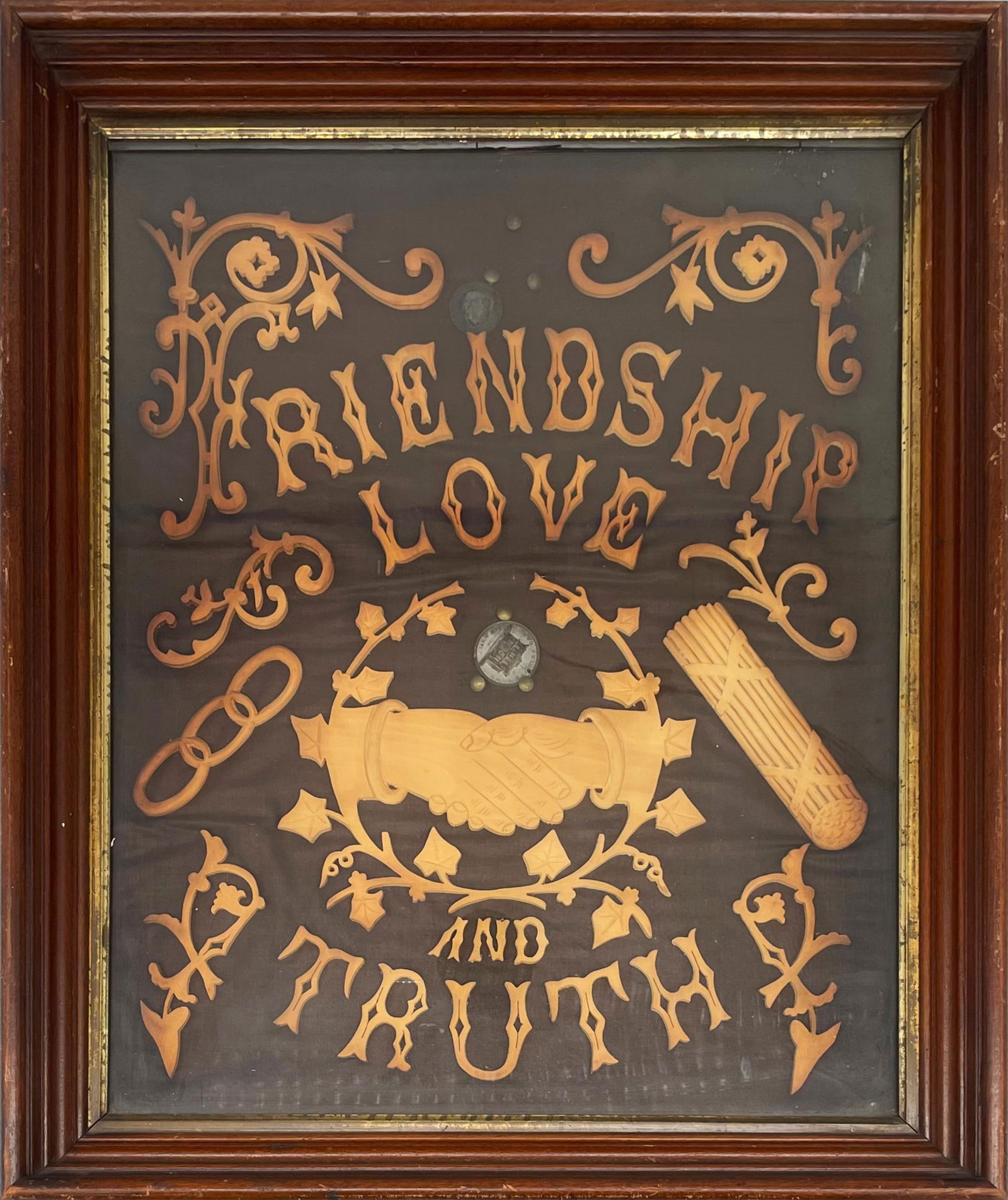 Antique 19th c. Odd Fellows Hand Carved Wood Sculpture: Antique 19th c. Odd Fellows Hand Carved Wood Sculpture | Odd Fellows wall plaque composed of hand carved wood letters and decorations with Odd Fellows motto FRIENDSHIP, LOVE AND TRUTH. Includes 2 coin