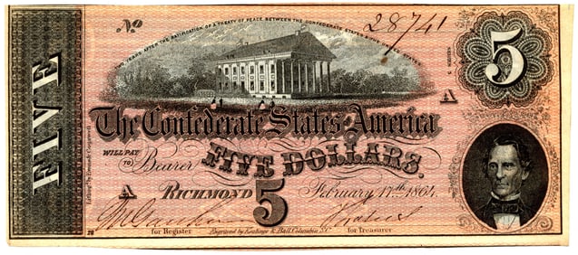 1864 $5 T-53 Confederate States Of America Richmond Currency Notes