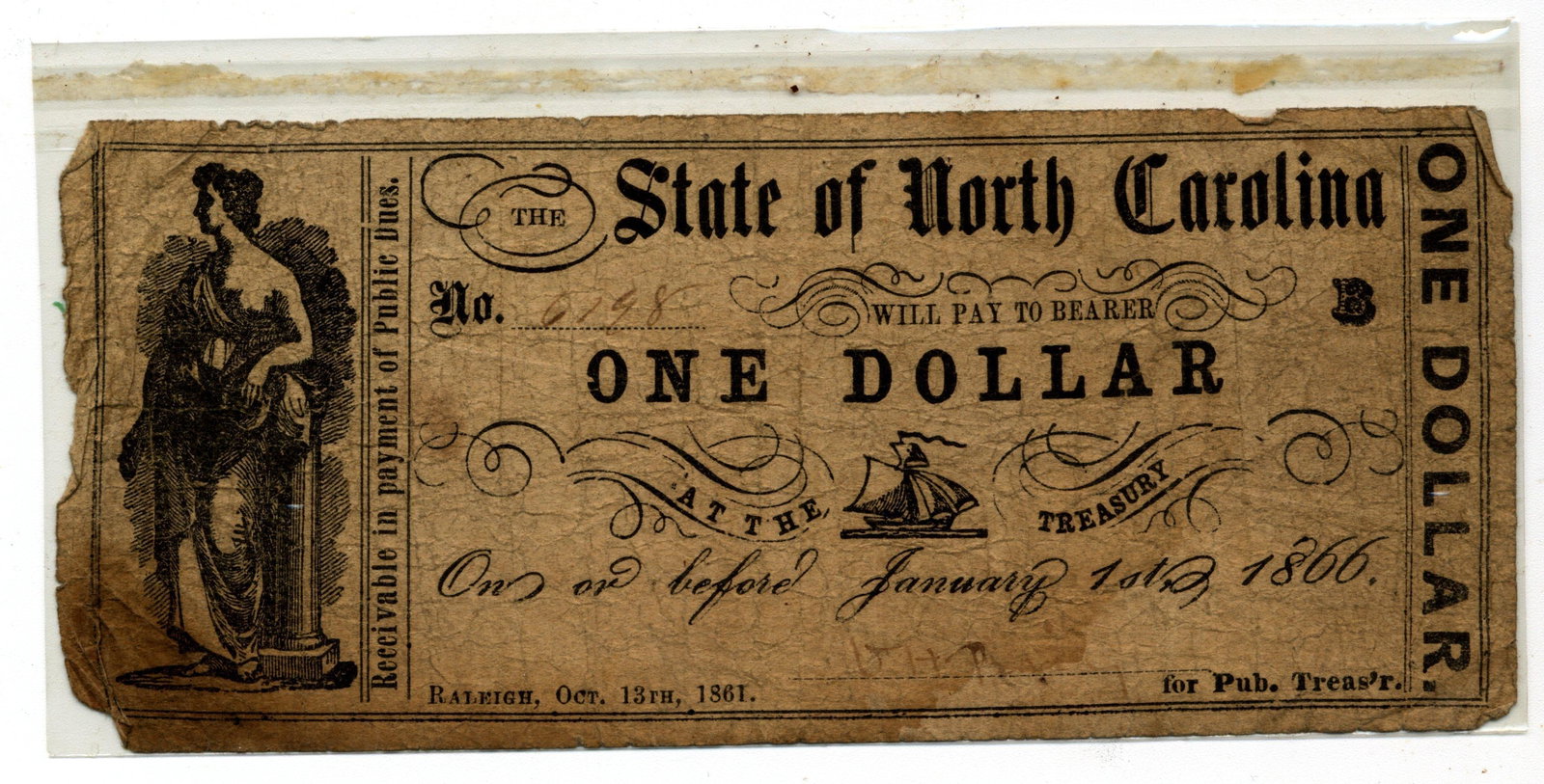 1861 One Dollar The State Of North Carolina Currency Note (1 of 2)
