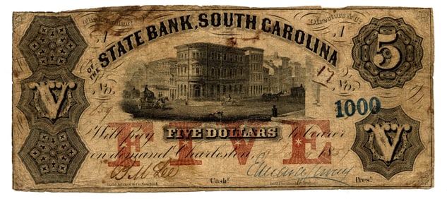 1857 $5 State Bank South Carolina Charleston Currency Note
