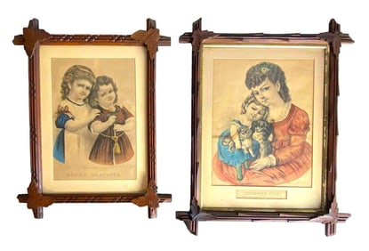 Pair of Rare 19th c. Currier & Ives Hand-Colored Engravings: Household Pets (1845) & Mamas Darlings