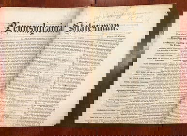 Rare Antique Civil War Pennsylvania Statesman Newspaper