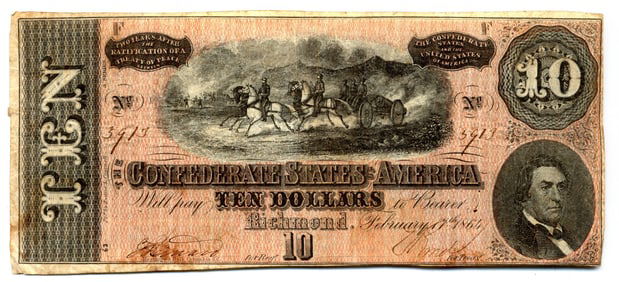 1864 $10.00 Confederate States Of America Currency Note