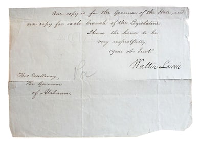 Sen. Walter Lowrie 1825 Signed Autographed Letter to Alabama Gov. Gayle, c. 1825 (ALS)