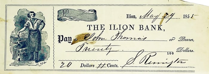 Samuel Remington Autographed Signed Bank Check, 1855