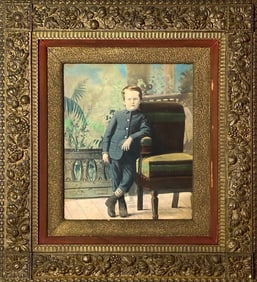 19th c. Victorian Pastel & Watercolor Portrait Painting of Young Boy