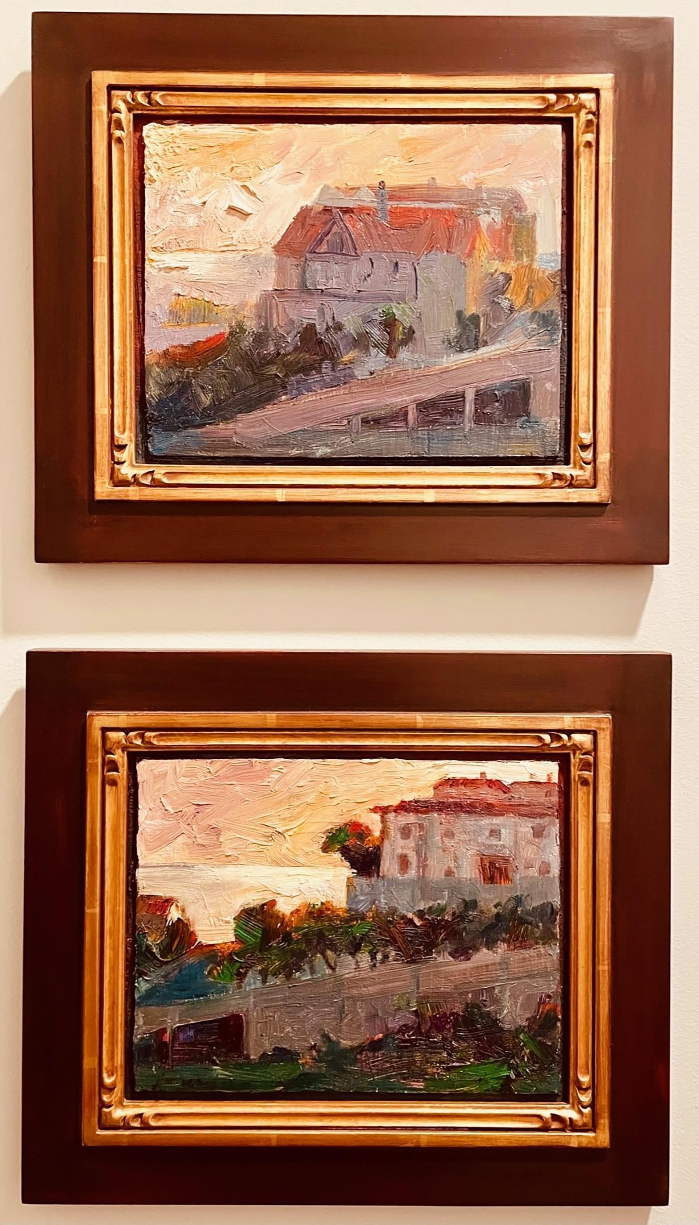 Jian Wang Pair of Landscape Oil Paintings: Rare Pair of landscape oil paintings by popular well-listed Chinese-American artist Jian Wang (b. 1958). From the "Golden Autumn" Collection. Oil on Canvas. Each is hand-signed by the artist. Pair hou