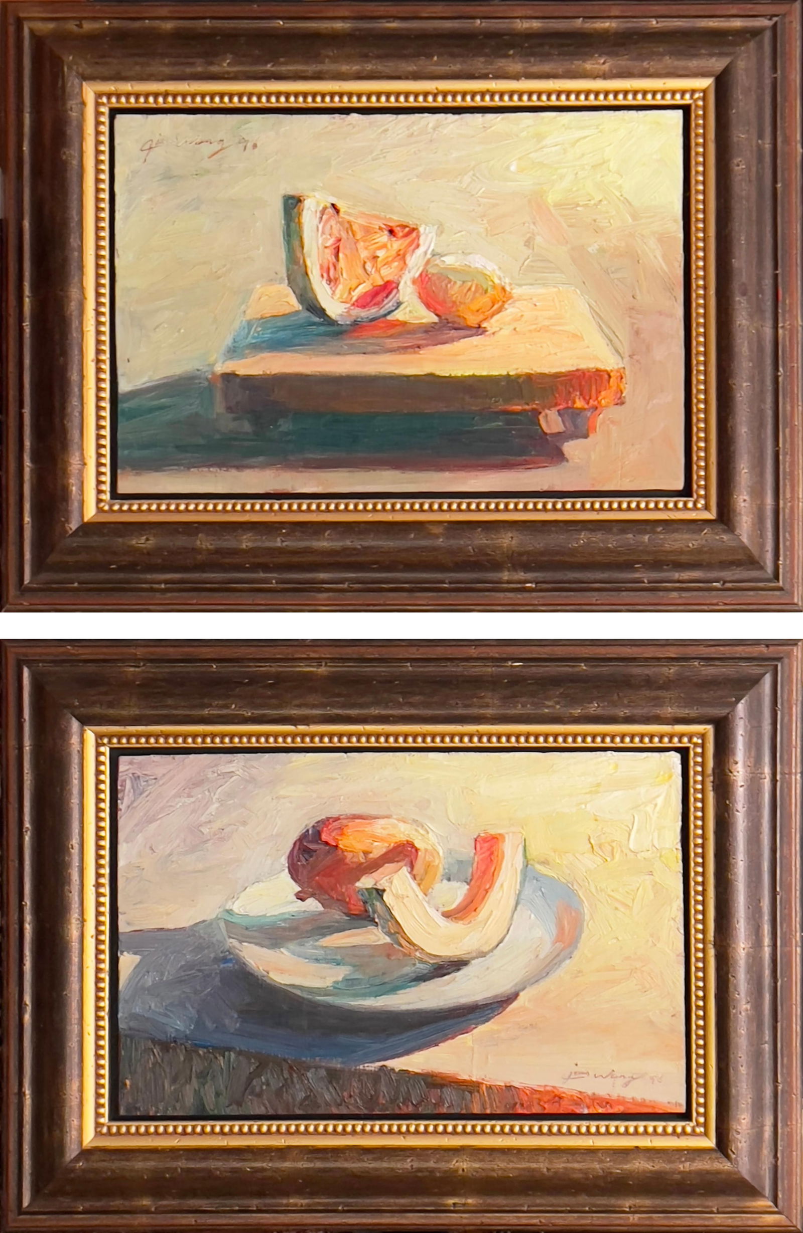 Pair of Jian Wang Still Life Oil Painting: Companion Pair of Still Life Oil Paintings by popular well-listed Chinese-American artist Jian Wang (b. 1958). Oil on Canvas. Each is Hand-signed and dated by the artist (1990). Pair is housed in matc