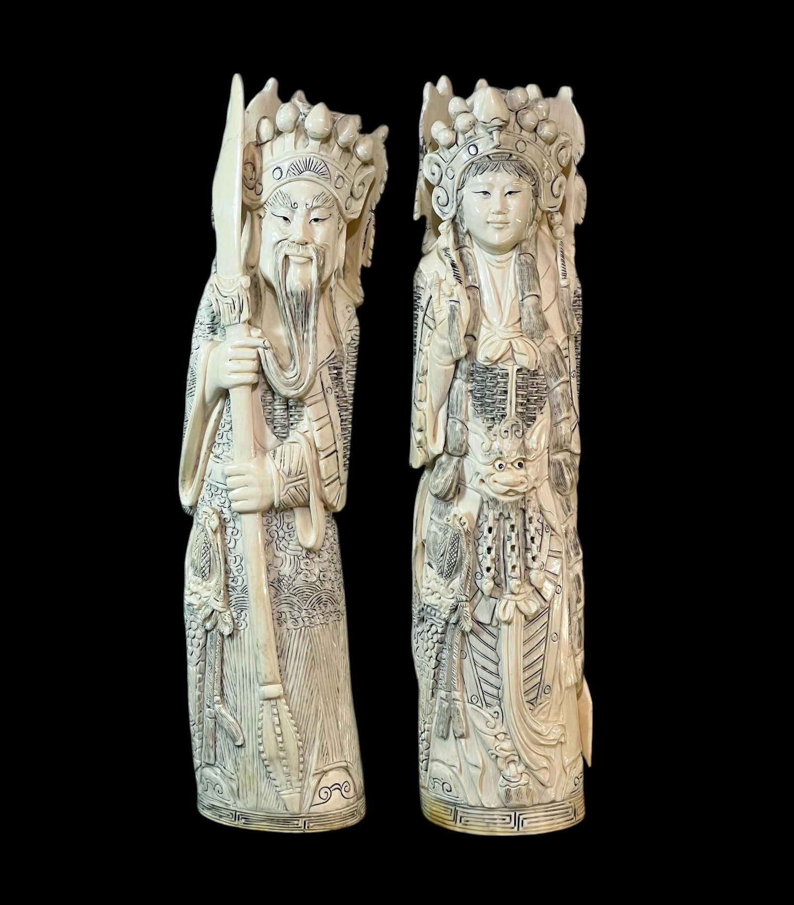 Pair of Antique Chinese Signed Carved Ivory Dignitaries Sculptures (1 of 16)