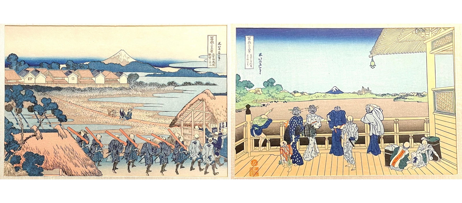 Set of 2 Katsushika Hokusai Woodblock Prints from Thirty-six Views of Mount Fuji: Set of 2 Katsushika Hokusai (1760-1849) Woodblock Prints from the series Thirty-six Views of Mount Fuji (1830-1832): 1) SAZAI HALL AT THE TEMPLE OF THE FIVE HUNDRED ARHATS; and 2) PLEASURE DISTRICT AT