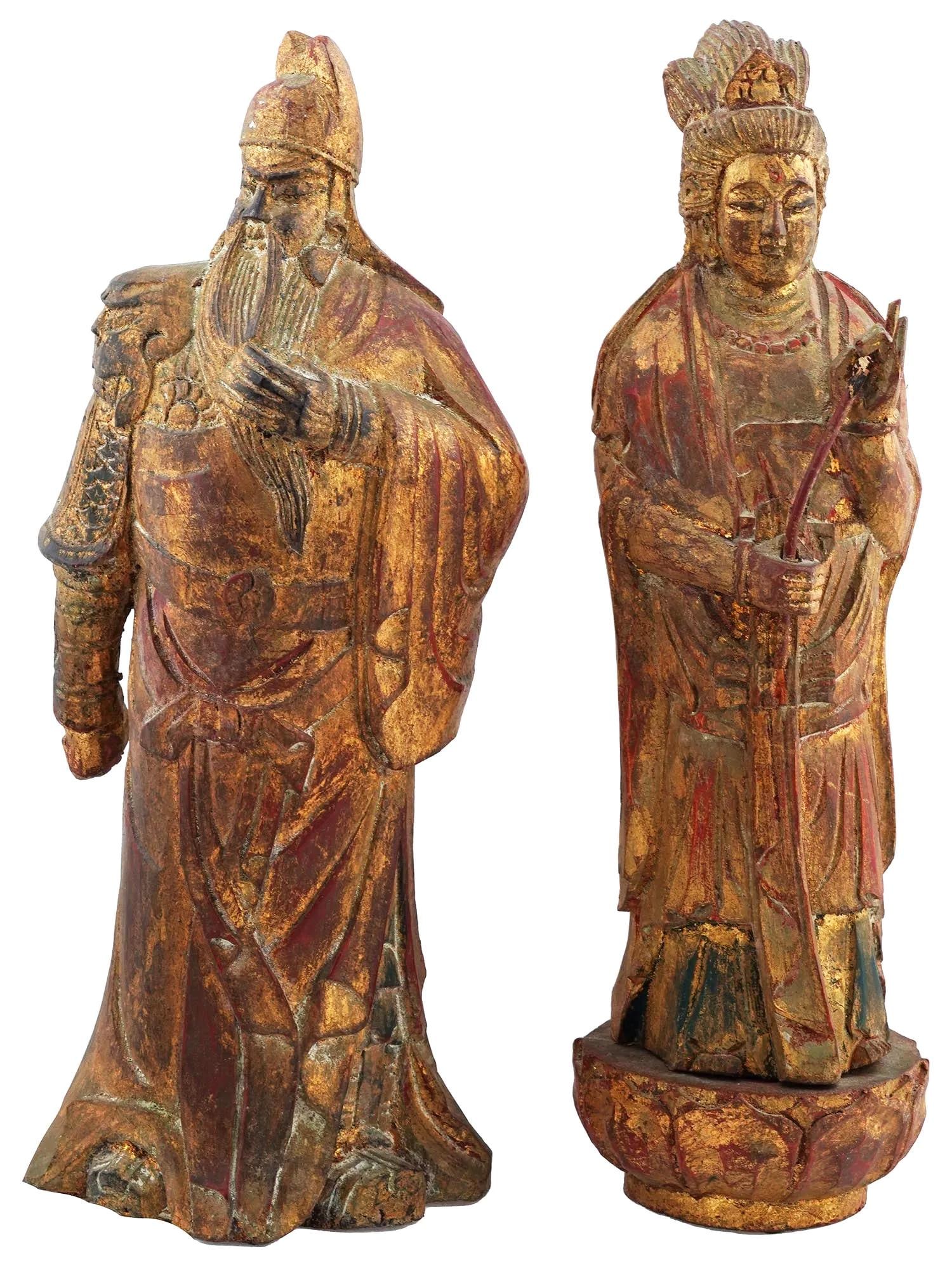 Pair of Antique Japanese Hand Carved Gilded Wood Figures Sculptures (1 of 8)
