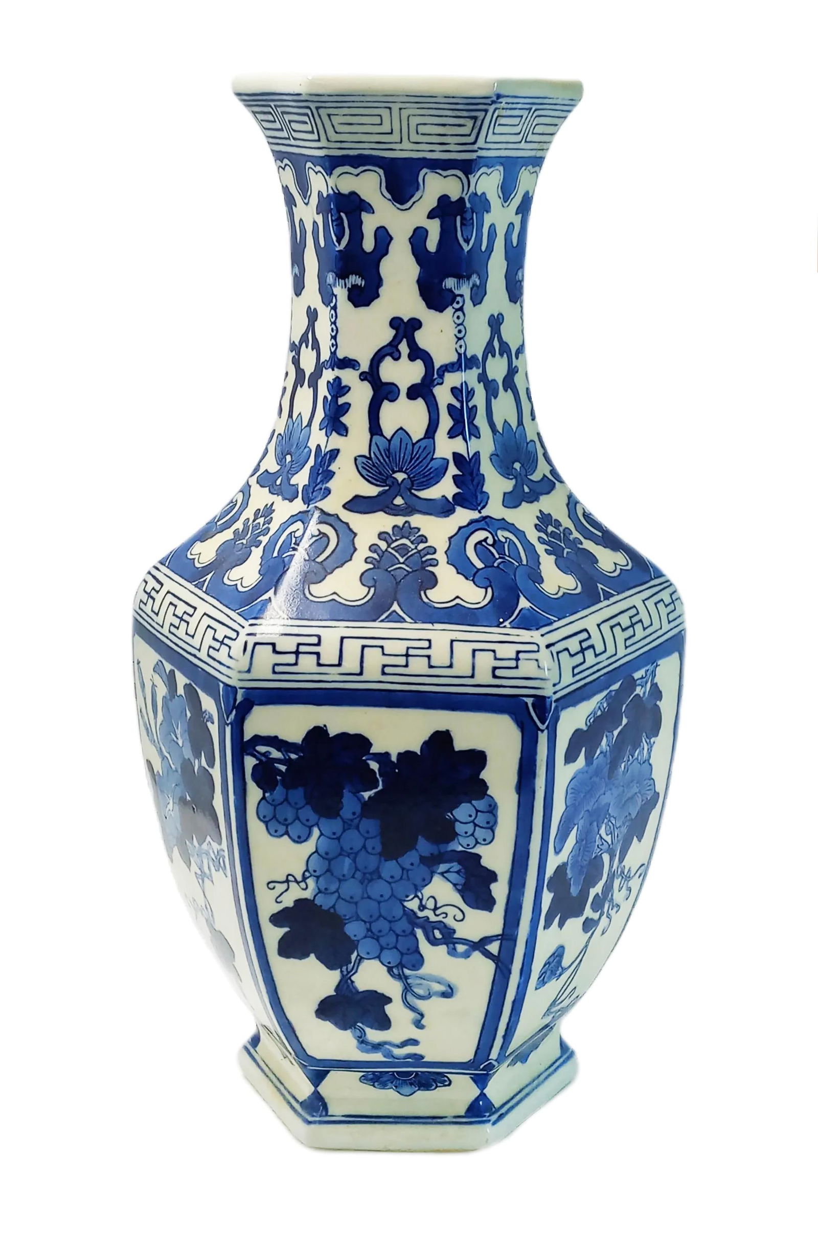 Large Antique Chinese Blue on White Hexagon Porcelain Vase (1 of 4)
