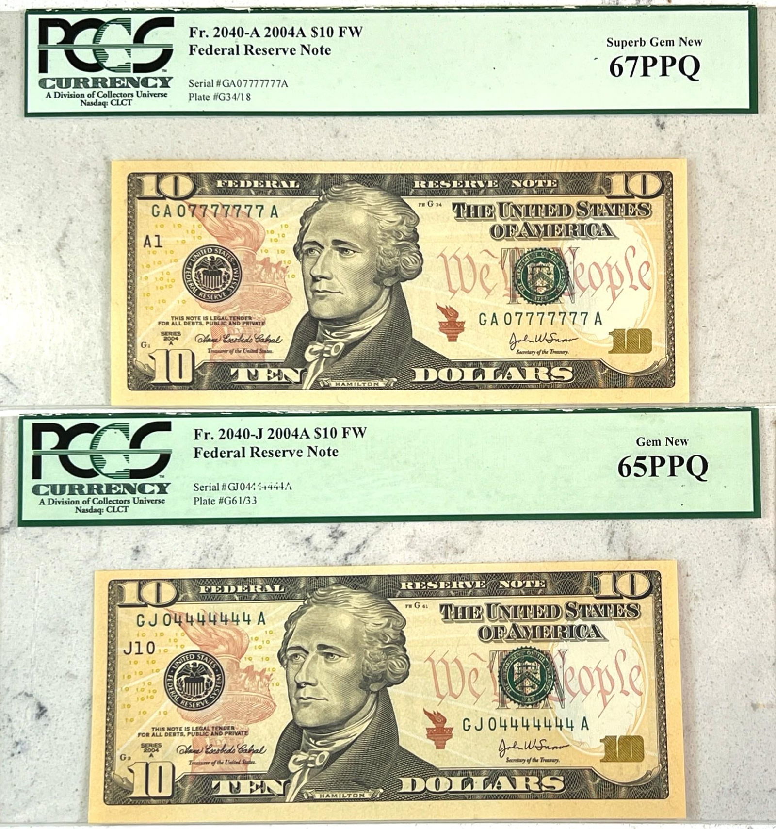 Pair of Graded $10 Bank Notes w/ Unique Serial Numbers (1 of 2)