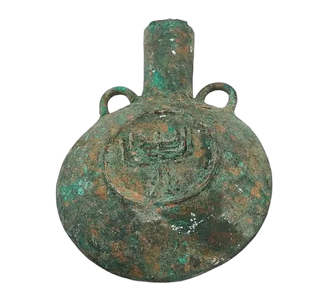 Rare Ancient Israel / Roman Bronze Flask w/ Temple Menorah (1 of 6)