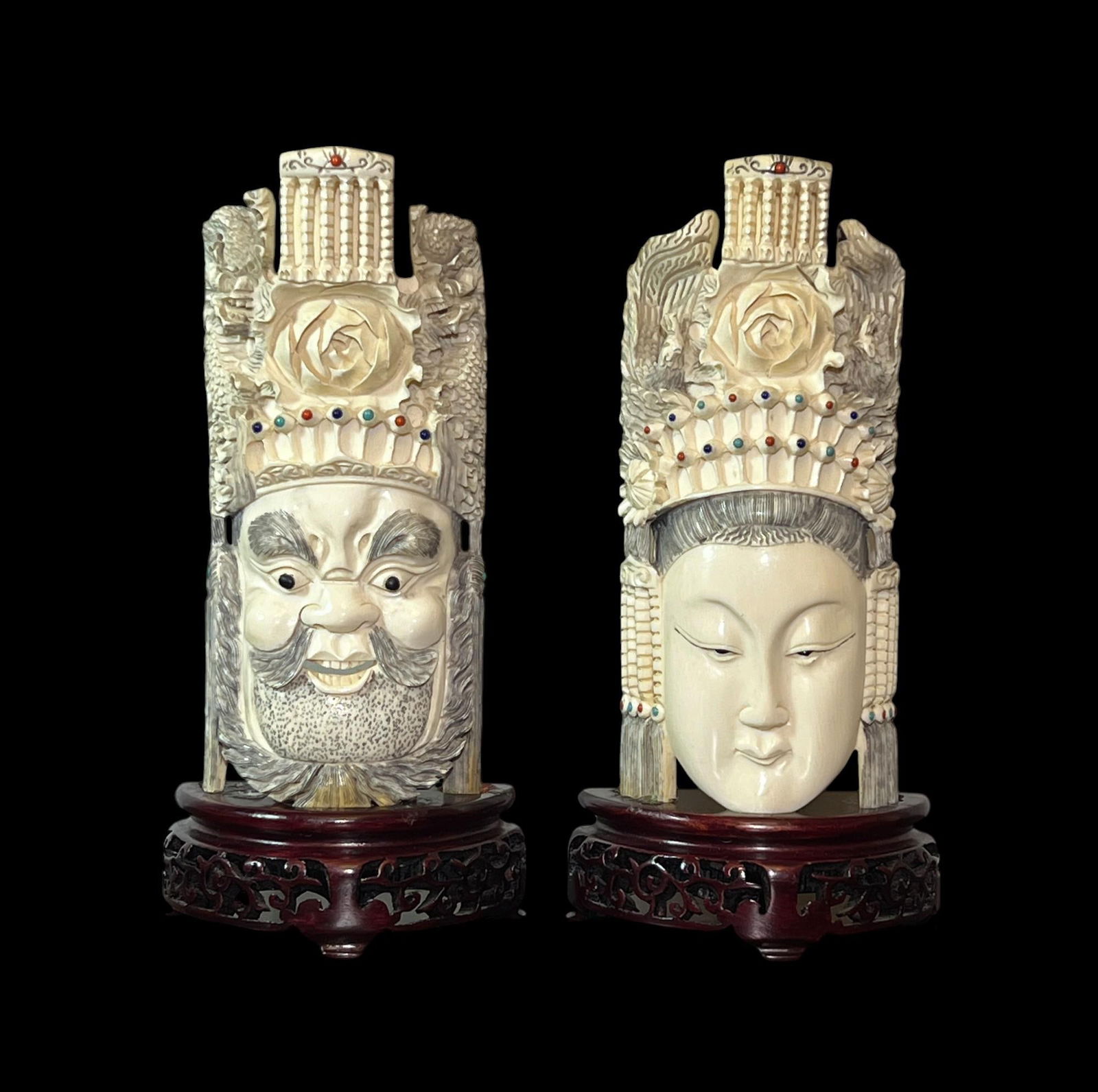 Pair of Antique Chinese Carved Ivory Emperor & Empress Masks, Qianlong Marked (1 of 16)