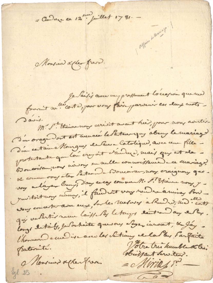 A24. PROTESTANTISME. 16 lettres ou pièces, XVIIIe siècl: A24. PROTESTANTISME. 16 lettres ou pièces, XVIIIe siècle. L’abbé Novy de Caveyrac (au marquis de Calvisson, 1749). Procuration de Jean-Vincent Groumelle, originaire d’Orange (Genève 1775).Mém