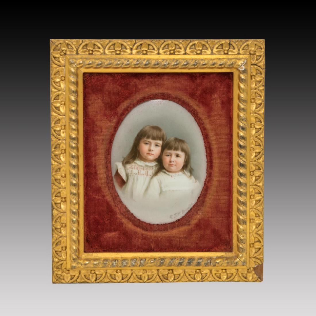 Painting 2 Girls Marked Dresden Signed Fr.Till KPM: Painting on Porcelain 2 Girls marked Dresden signed Fr. Till KPM. Oval plaque in gilded frame. Not examined out of frame. Frame: 9.50"L x 8.0"W Site size: 4.75"H x 3.5"W. Late 1800's early 1900's.; Di