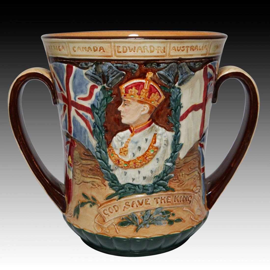 Royal Doulton Loving Cup King Edward Vlll: King Edward Vlll Coronation Loving Cup. Multicolored with clear crisp design overall. Limited Edition of 2000 - This is number 361. Style 3, Welsh Edition with saying. "I am still the same man." Circa