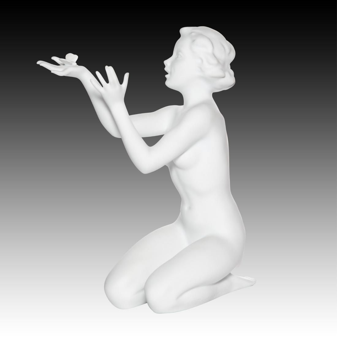 Kaiser Nude Female Kneeling with Butterfly: Kaiser Nude Female Kneeling with Butterfly Study of a Young Nude Woman Holding a Butterfly in her right hand. Origin: Germany Size: 7.0"H Issued: 20th Century