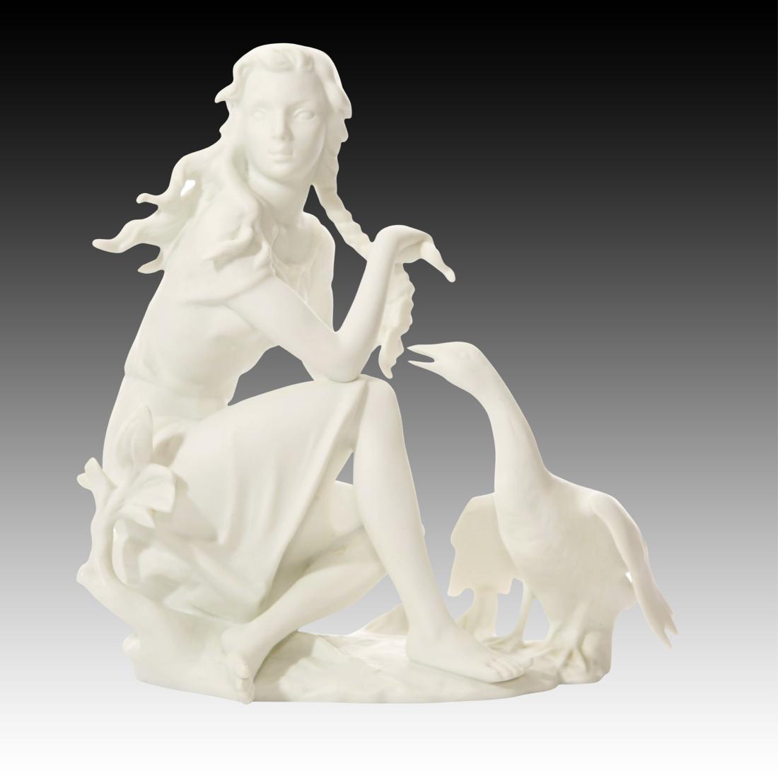 Kaiser Young Girl with Goose: Kaiser Young Girl with Goose A lovely figurine of a Young Girl on a tree stump, seated next to a goose and fixing her hair. Marked Kaiser # 337 and Made in Germany. Origin: Western Germany Size: 6.75"