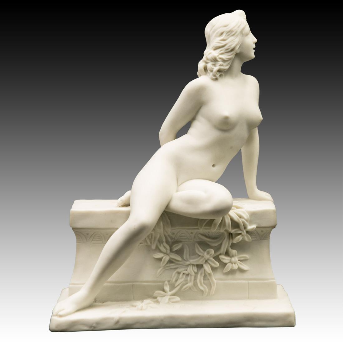 Young Nude woman Sitting on Marble Bench Figurine: Young Nude woman Sitting on Marble Bench Figurine This figurine by an unknown maker was modeled as a nude young woman seated on a marble garden bench, surrounded by flowers at the base. Marked H.R. wi