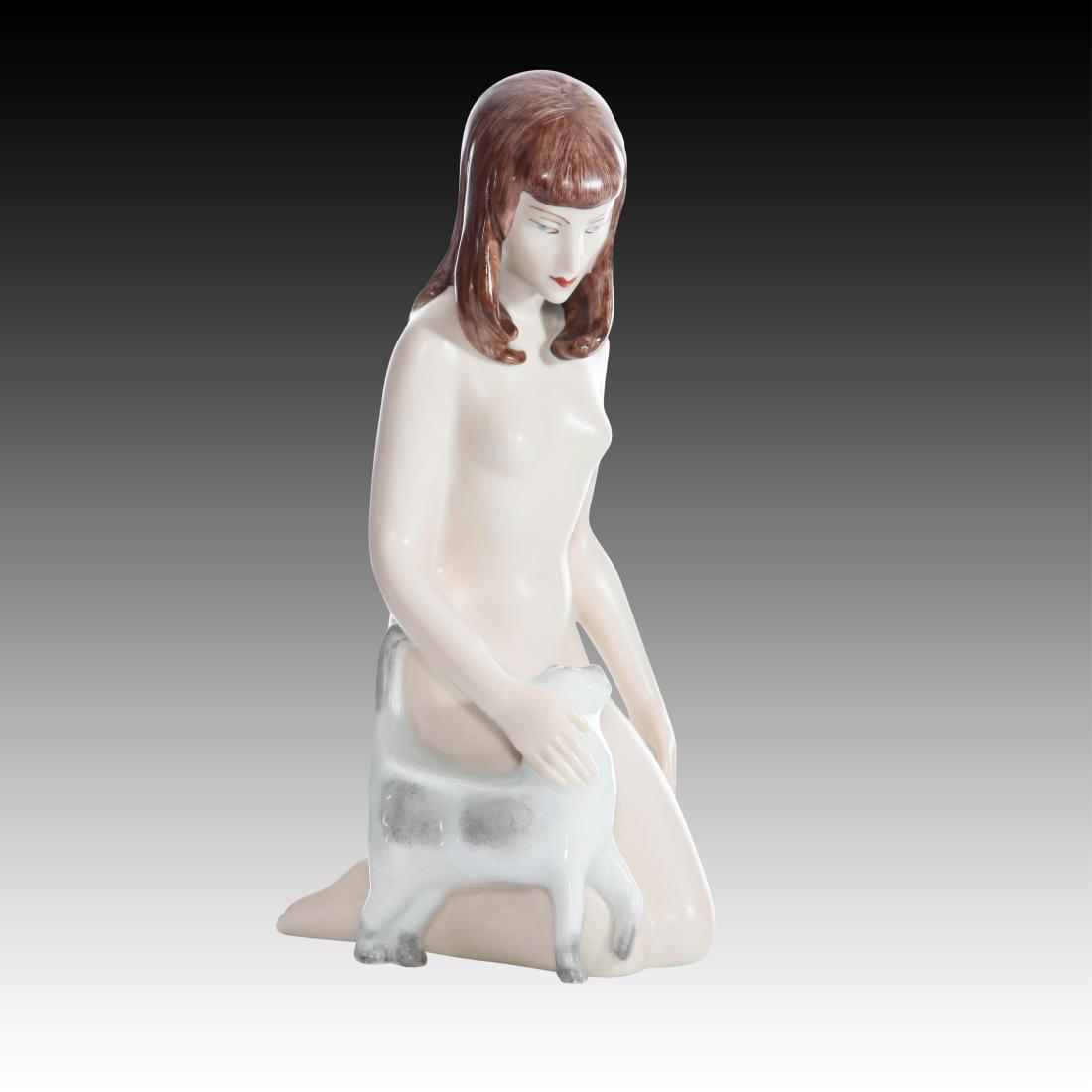 Royal Dux Nude Woman Petting a Cat Figurine: Royal Dux Nude Woman Petting a Cat Figurine Brown Haired Nude Woman petting her cat. Origin: Bohemia Size: 9.5"H Issued: 20th Century