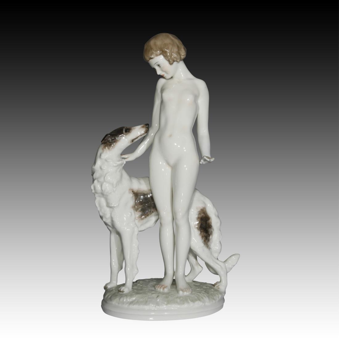 Hutschenreuther Girl with Borzoi Dog Figurine: Hutschenreuther Girl with Borzoi Dog Figurine Hutschenreuther figurine of a young girl with her pet Borzoi dog. Origin: Germany Size: 14.0" H Issued: 20th century