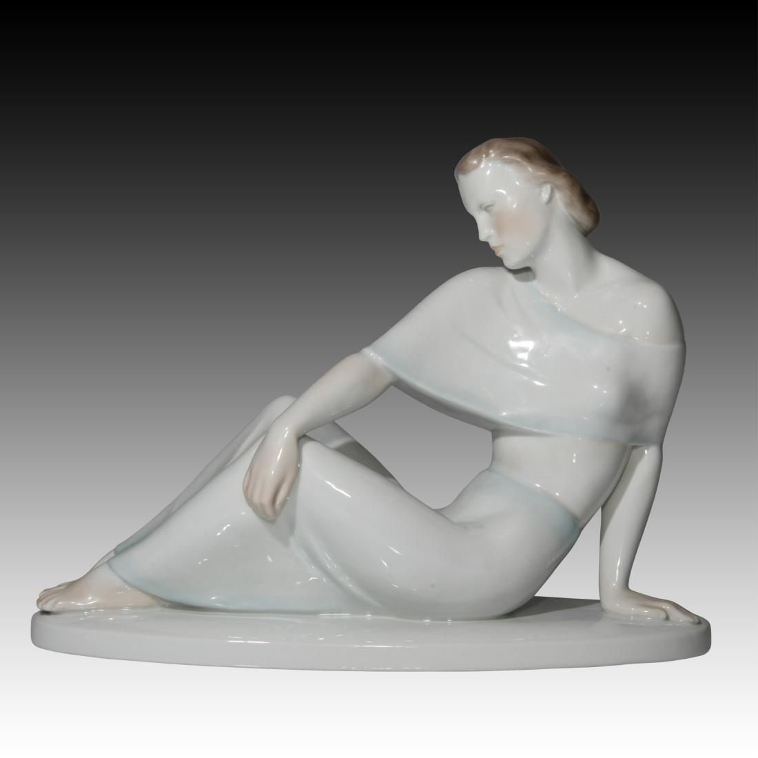 Herend Art Deco Figurine Reclining Woman: Herend Art Deco Figurine Reclining Woman Large Herend Art Deco figurine of a reclining woman in light pastel colors Origin: Austria Size: 11.0"H Issued: 20th century