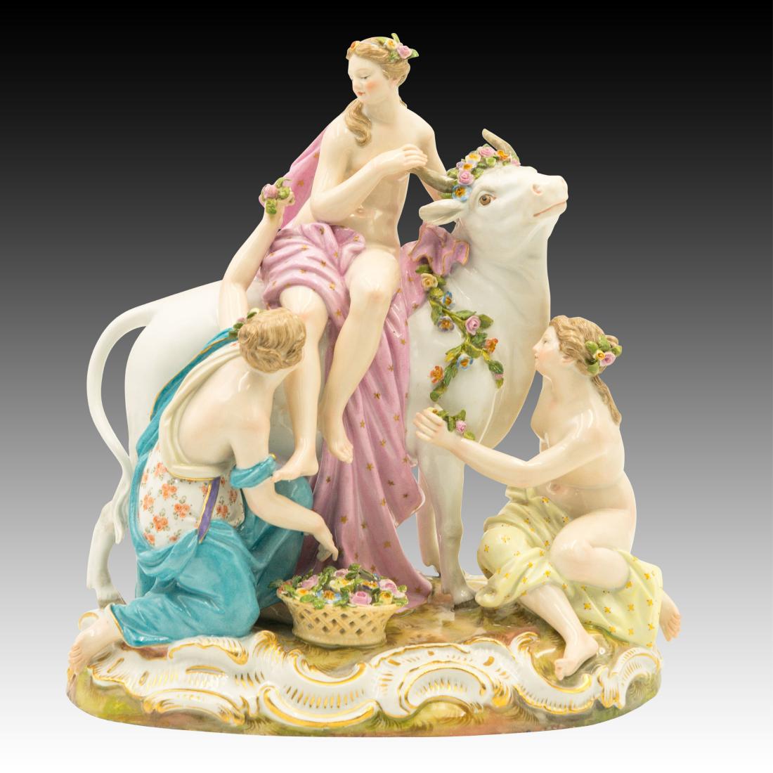Meissen Female Group with Flowers and Bull # 2697: Meissen Female Group with Flowers and Bull # 2697 Stunning multi colored figurine of 3 Women. One is sitting on the Bull and the other two are at the side. They are adorning the Bull with flowers. Mar