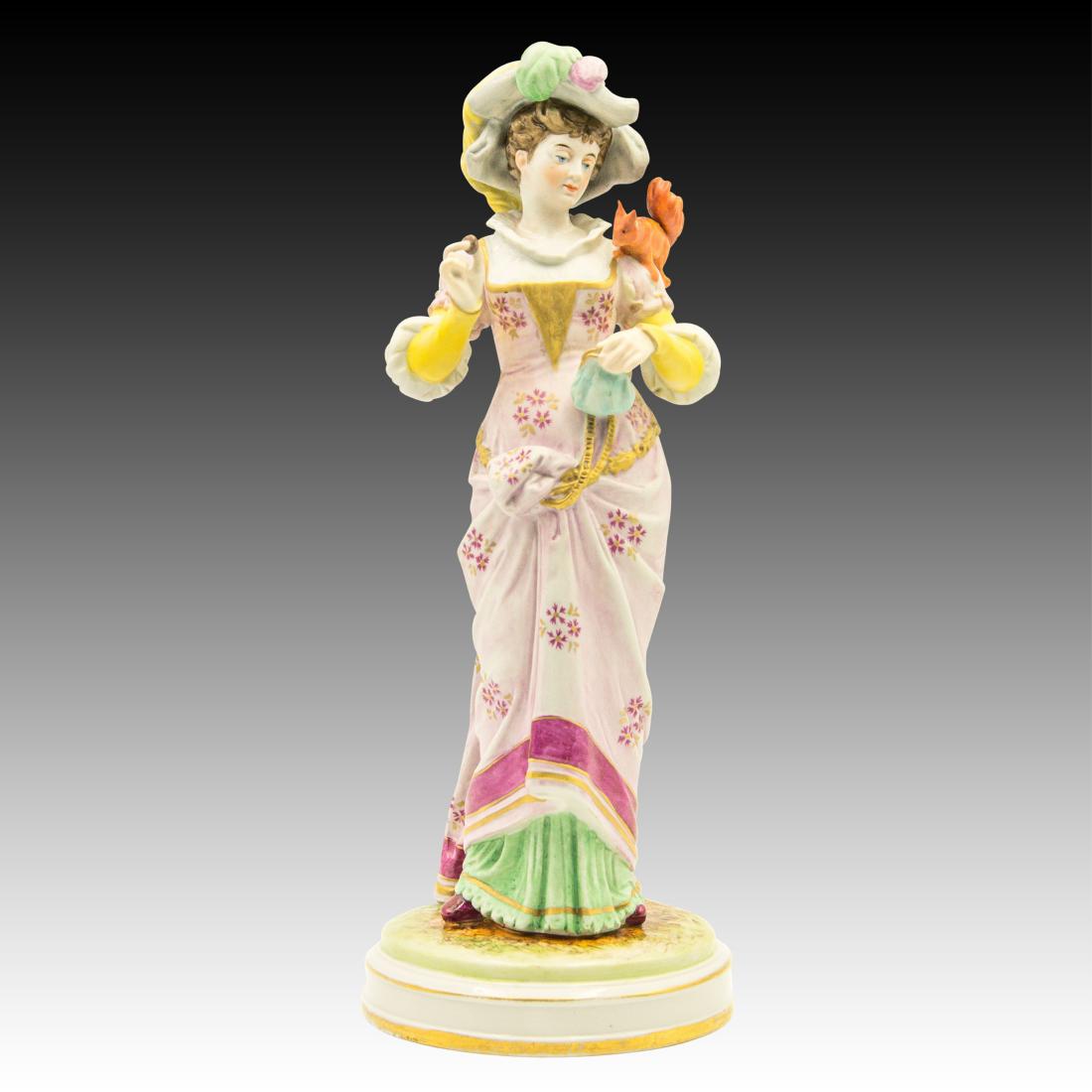 Woman with a Squirrel on her Shoulder Figurine: Woman with a Squirrel on her Shoulder Figurine Tall Woman in Victorian dress with a Red squirrel on her shoulder. She has a Acorn in her hand to feed the squirrel. Marked Germany under the base, no ot