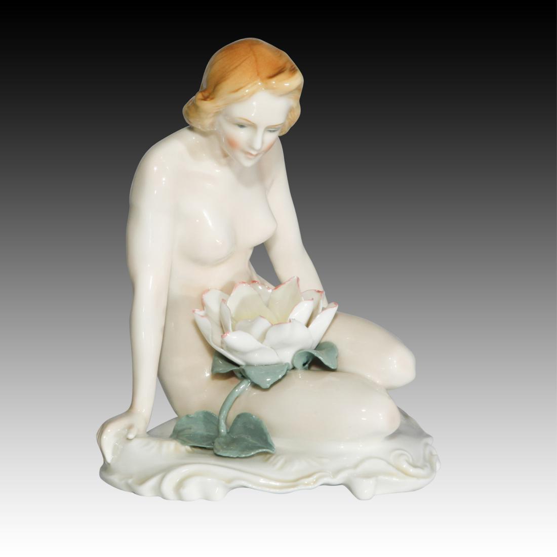 Karl Ens Female Nude with a Lotus Flower Figurine: Karl Ens Female Nude with a Lotus Flower Figurine Polychrome figurine by Karl Ens blonde nude female sitting with a lotus flower on her lap. Origin: Germany Size: 6.5" H Issued: 20th century