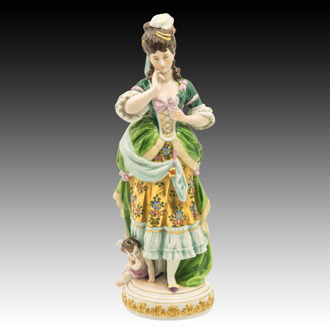 Colorful Kaiser Period Figurine with Cherub: Colorful Kaiser Period Figurine with Cherub Polychrome Kaiser Period Figurine with Cherub Origin: Germany Size: 12.5" H Issued: 20th Century