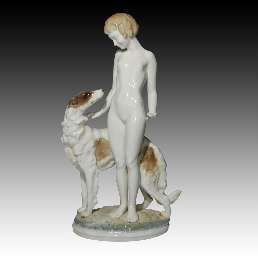 Hutschenreuther Nude Woman with Borzoi Figurine: Hutschenreuther Nude Woman with Borzoi Figurine Hutschenreuther Nude Woman standing next to her Borzoi Dog as the Dog looks up to her. Origin: Germany Size: 14.5"H x 6.0"L Issued: 20th Century