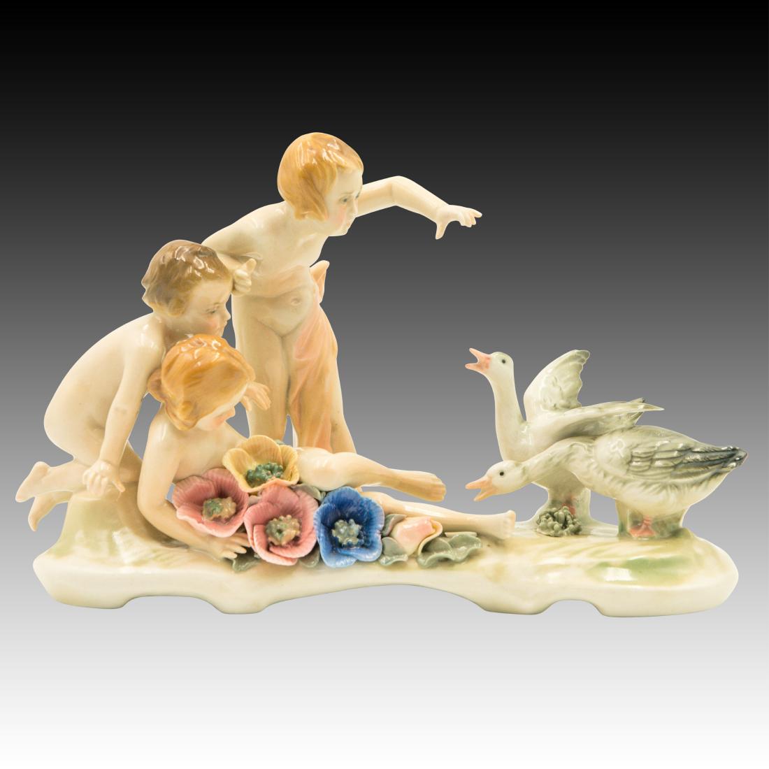 Karl Ens Figurine Children versus the Ducks: Karl Ens Figurine Children versus the Ducks Young Children in what looks like fending off two attacking Ducks. Origin: Germany Size: 6.5"H x 9.5"L Issued: 20th Century