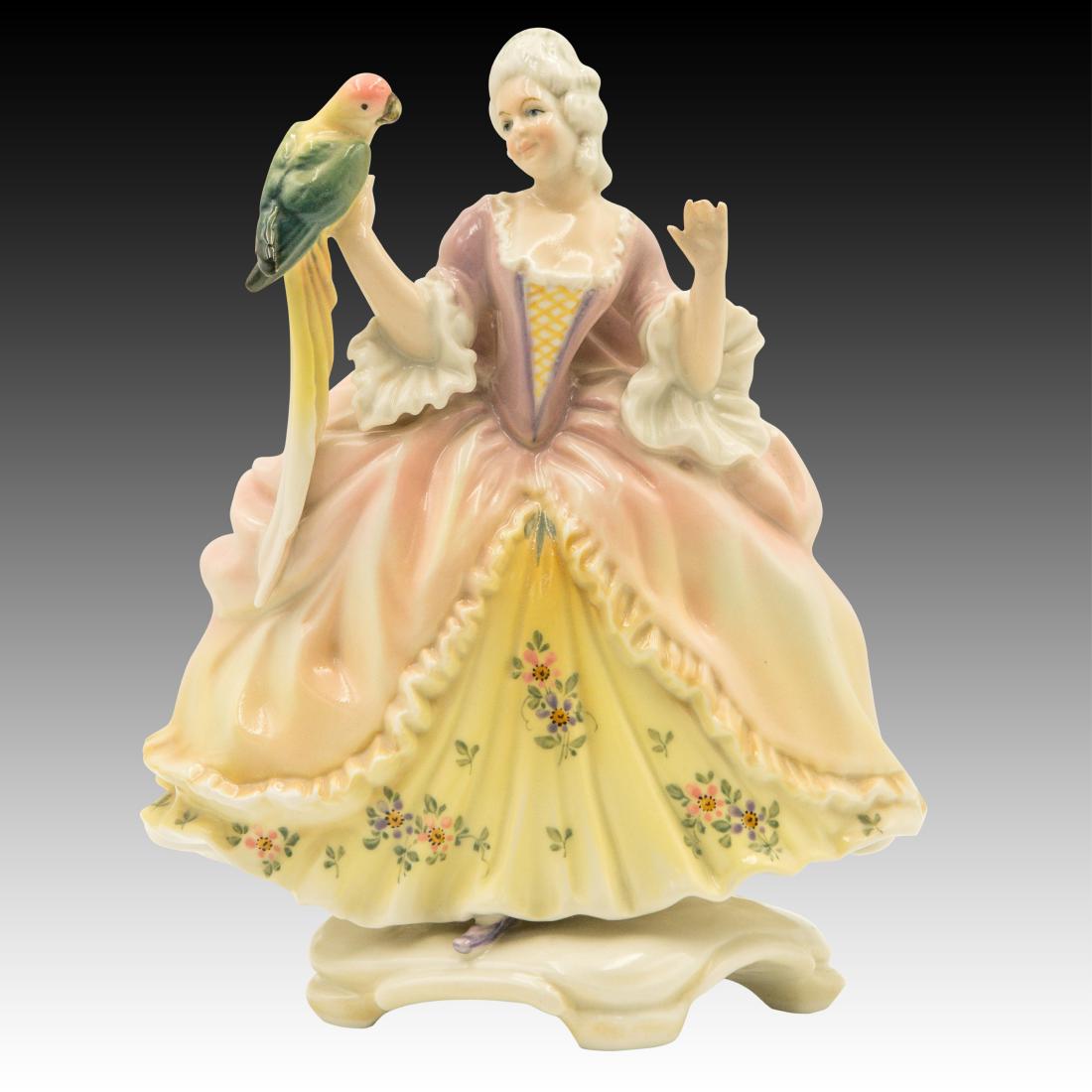 Karl Ens Lady with a Parrot Figurine: Karl Ens Lady with a Parrot Figurine Karl Ens Lady with a Parrot Figurine dressed in a period French gown and powdered wig. Origin: Germany Size: 8.0" H Issued: 20th Century