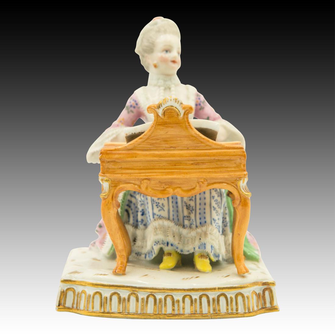 Meissen Lady at the Harpsichord Figurine: Meissen Lady at the Harpsichord Figurine Meissen Polychrome Lady at the Harpsichord Figurine part of the "Hearing" series. Beautifully crafted with extra lace trim on the sleeves and veil. Origin: Ger