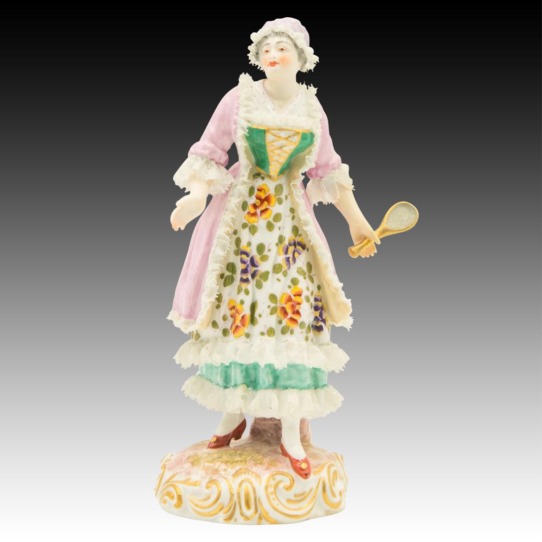 Meissen Maiden Wearing a Lace Dress Figurine: Meissen Maiden Wearing a Lace Dress Figurine Meissen figurine of a lady wearing a period dress with lace trim. She is holding a mirror in her left hand. Origin: Germany Size: 7.5" H Issued: 20th Centu