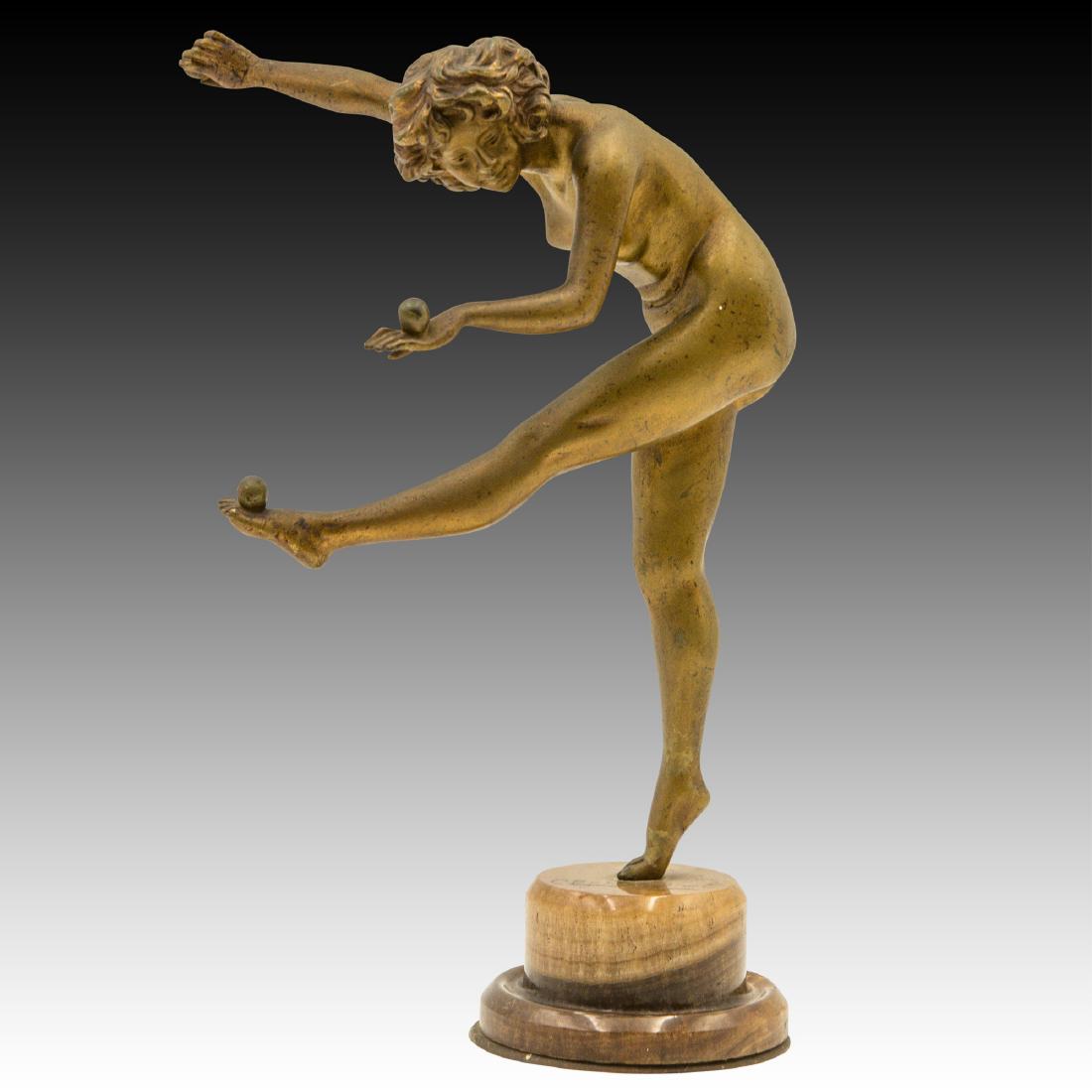 Claire Jeanne (French) "The Juggler" Bronze Art: Bronze Art Deco Nude Juggler on a onyx Base Figurine ; Designer: Colinet; Country of Origin: Germany; Size: 9.75" H; Issued: 20th Century;