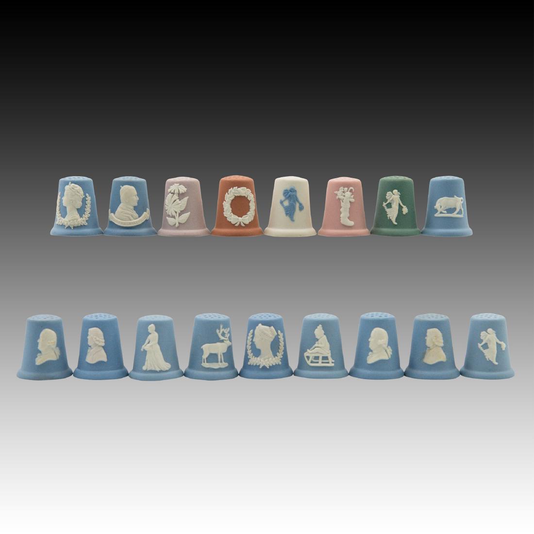 Group of 17 Wedgwood Thimbles: in a variety of colors and depictions. ;